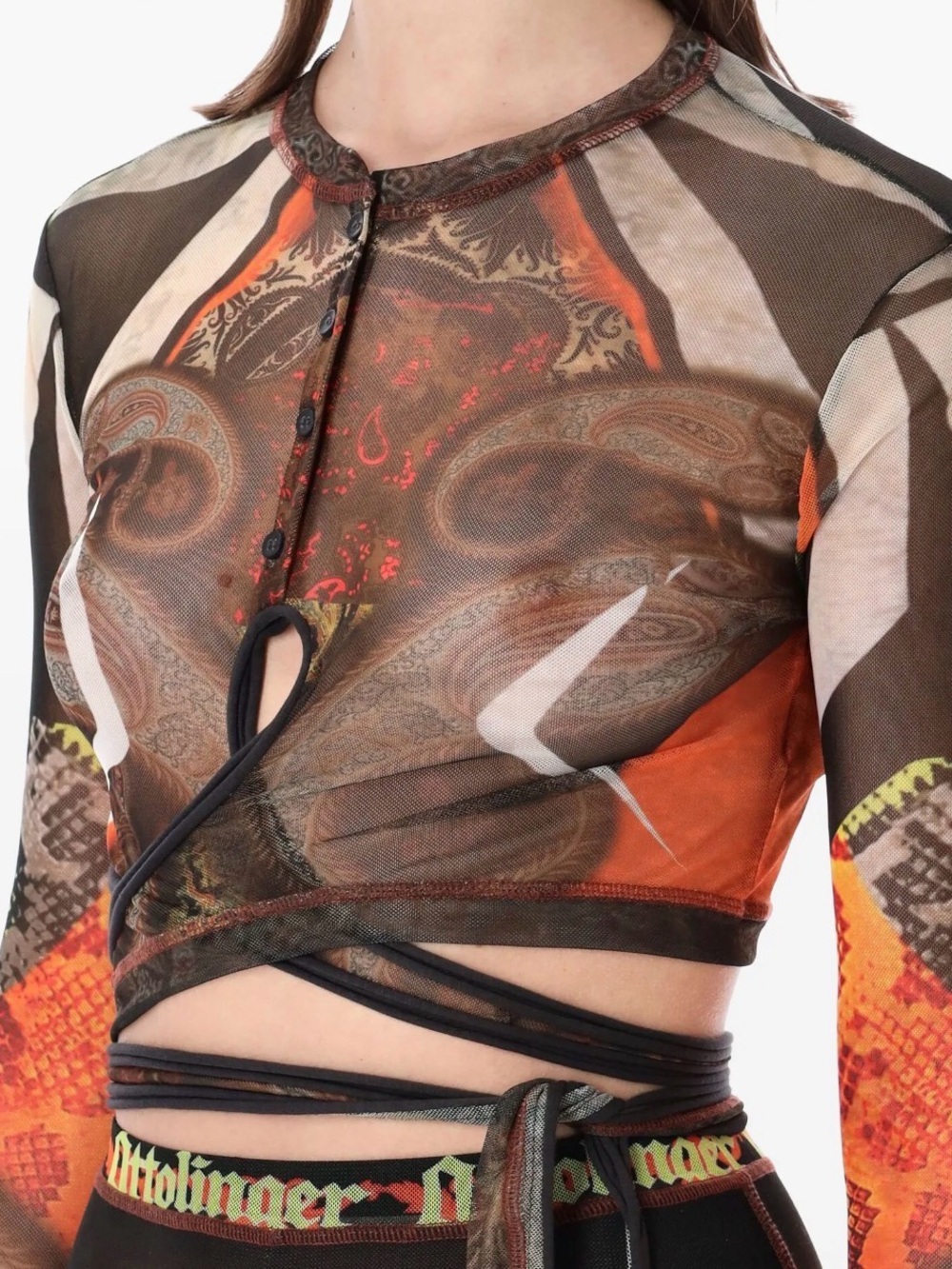 Sheer Paisley Wrap Crop Top in Orange & Brown - Women's